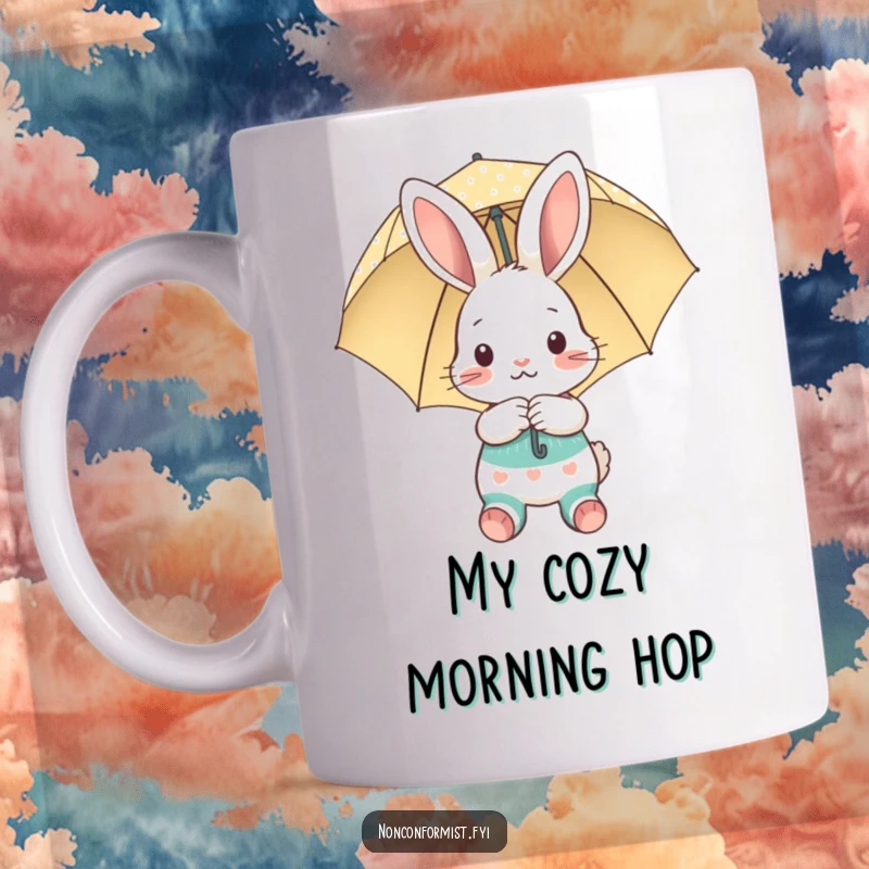 Funny mug featuring a shy bunny with mismatched socks peeking from behind a polka-dot umbrella, a cute funny gift.