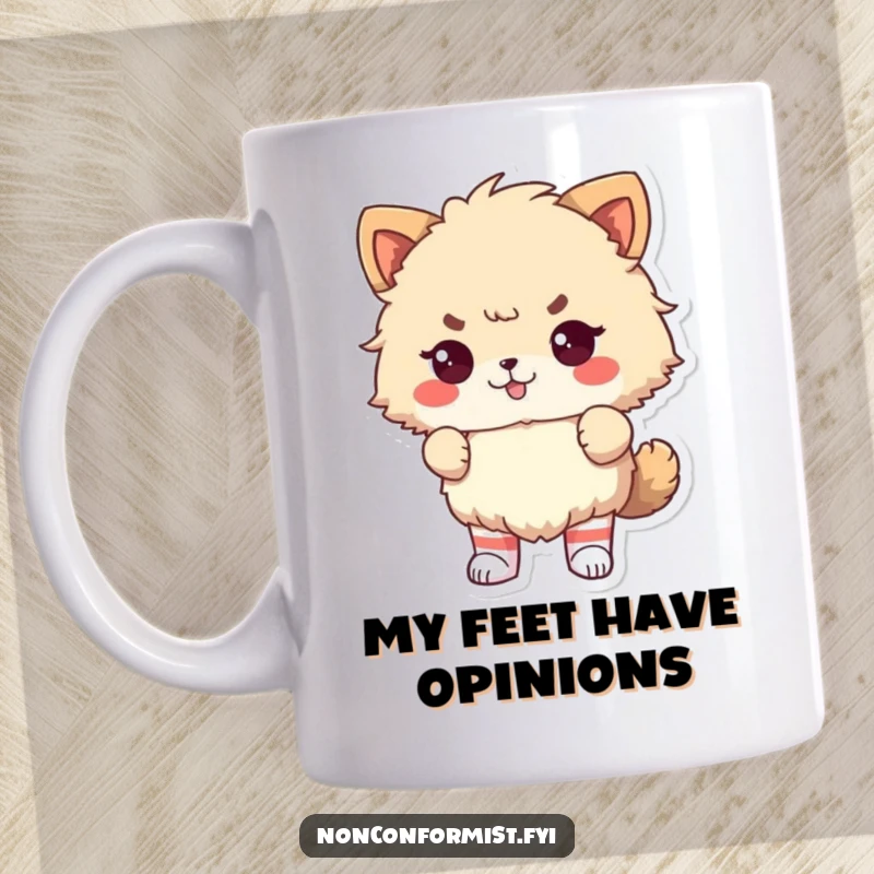 Funny Mug: Fluffy animal with odd socks, proudly defiant pose conveying humor and unique sock style.