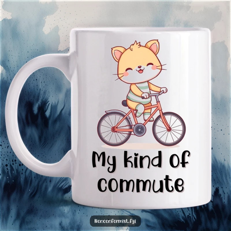 Funny animal mug with mismatched socks and a wide grin, hilariously riding a bicycle backwards with joyful abandon.