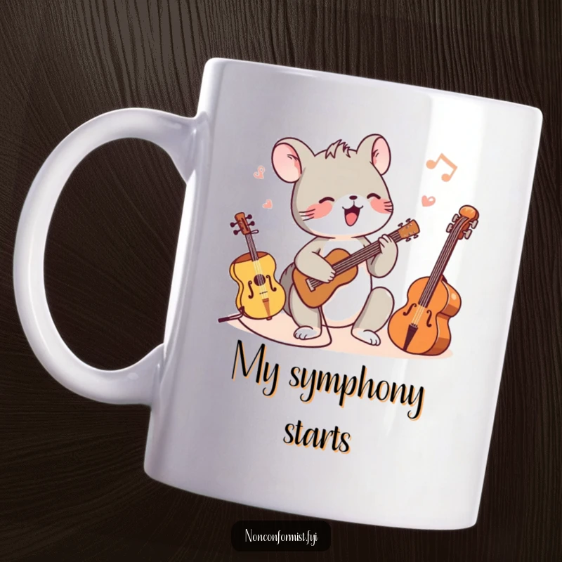 Funny mug showing a tiny animal character enthusiastically playing music on a collection of instruments of varying sizes.