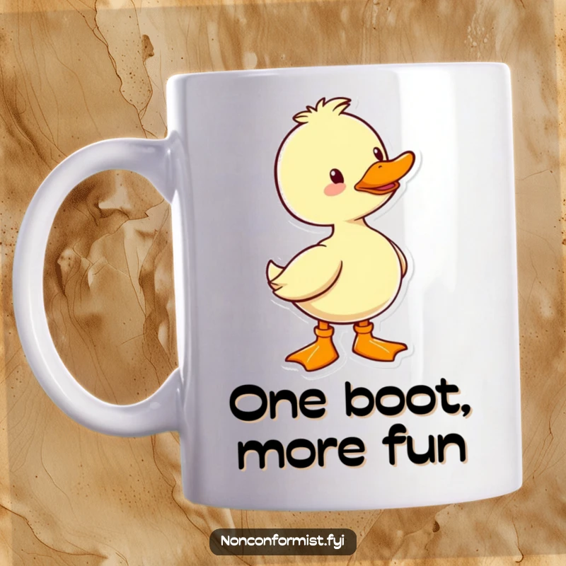 Funny Duck Mug: A cheerful duck wearing one brightly colored boot, exuding quirky joy and personality.