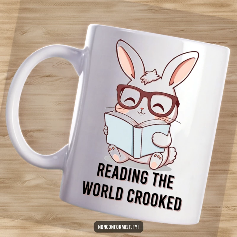 Funny bunny mug with glasses, reading a book held sideways, looking curious and studious with a humorous twist.