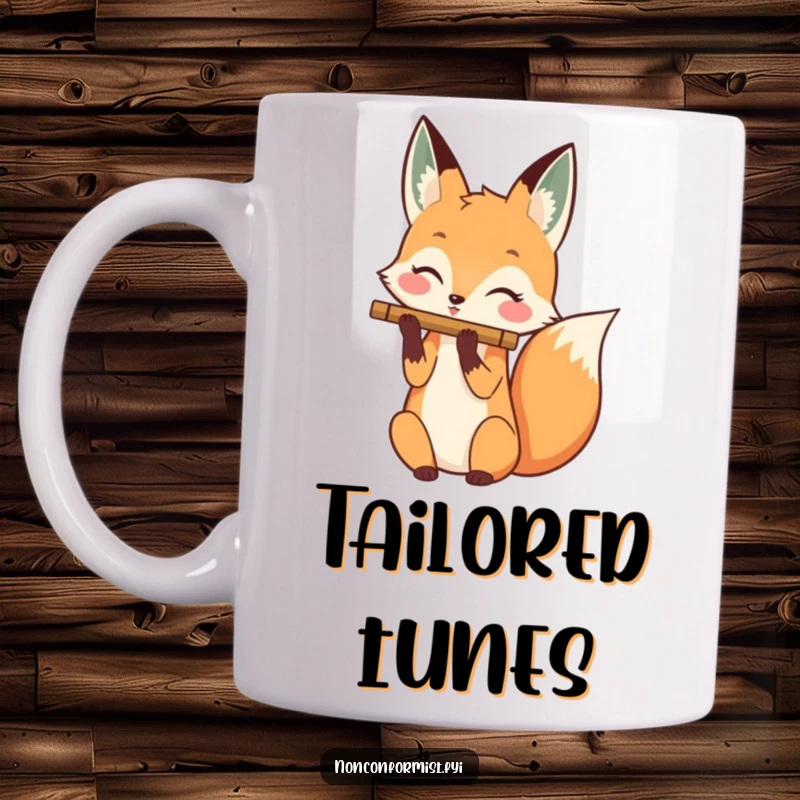 Funny mug showcasing a happy fox character melodically playing a flute using its bushy tail instead of paws.
