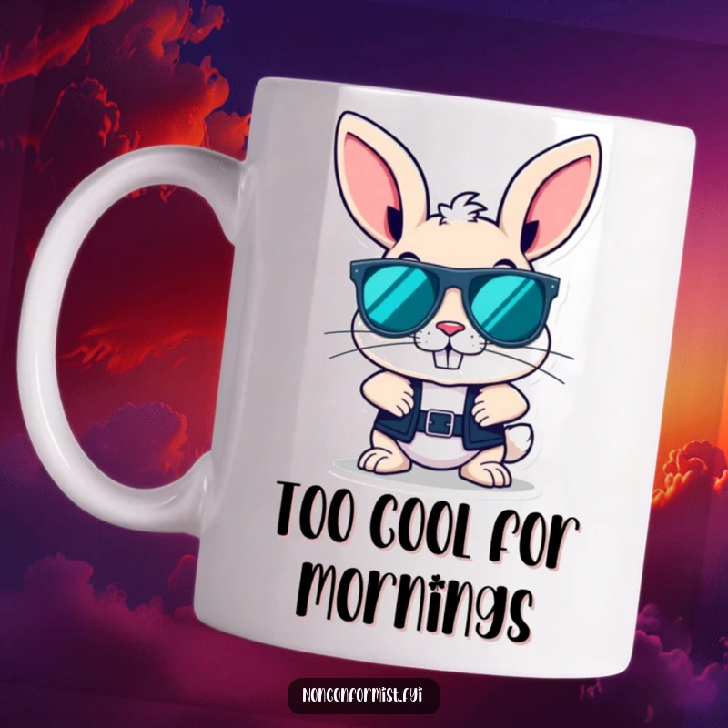 Funny bunny wearing oversized sunglasses with a cool grin, ready for a rebellious adventure on this ceramic mug.