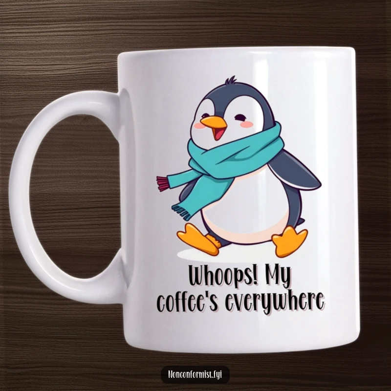 Funny penguin wearing a mismatched scarf, playfully tripping with exaggerated motion, ceramic mug art.