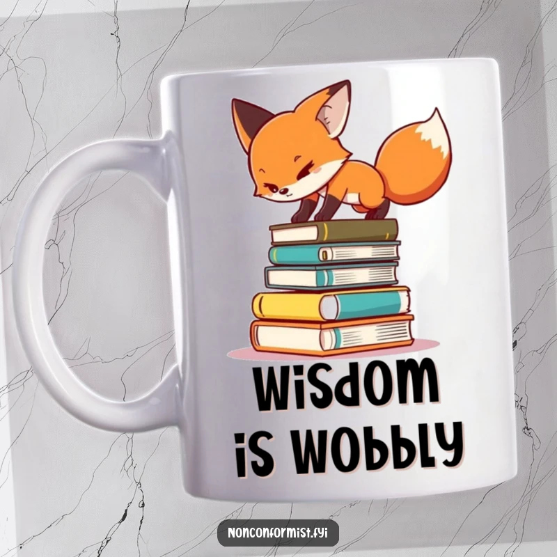 Funny mug featuring a determined fox character precariously balancing on a tall, wobbly stack of books.
