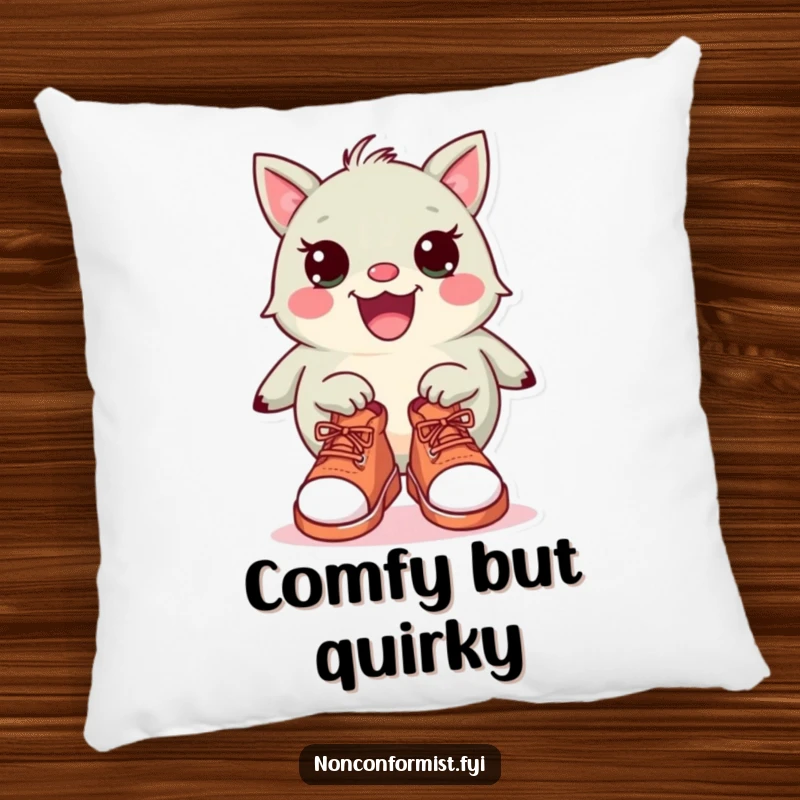 Funny Pillow: A cute, quirky creature comfortably lounging with a mismatched pair of shoes, designed for maximum humorous relaxation.