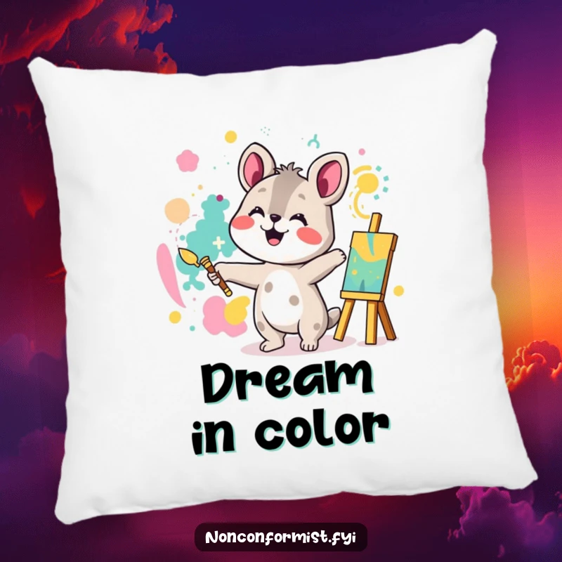 Funny pillow design of an animal character joyfully painting a bright, abstract pattern, adding a splash of color and creativity.