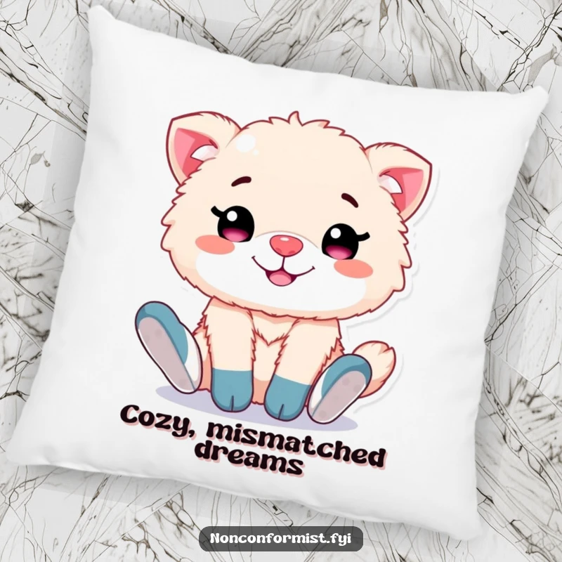 Funny pillow design of a cute, fluffy animal character grinning proudly, its mismatched socks a bold and cheerful fashion statement.