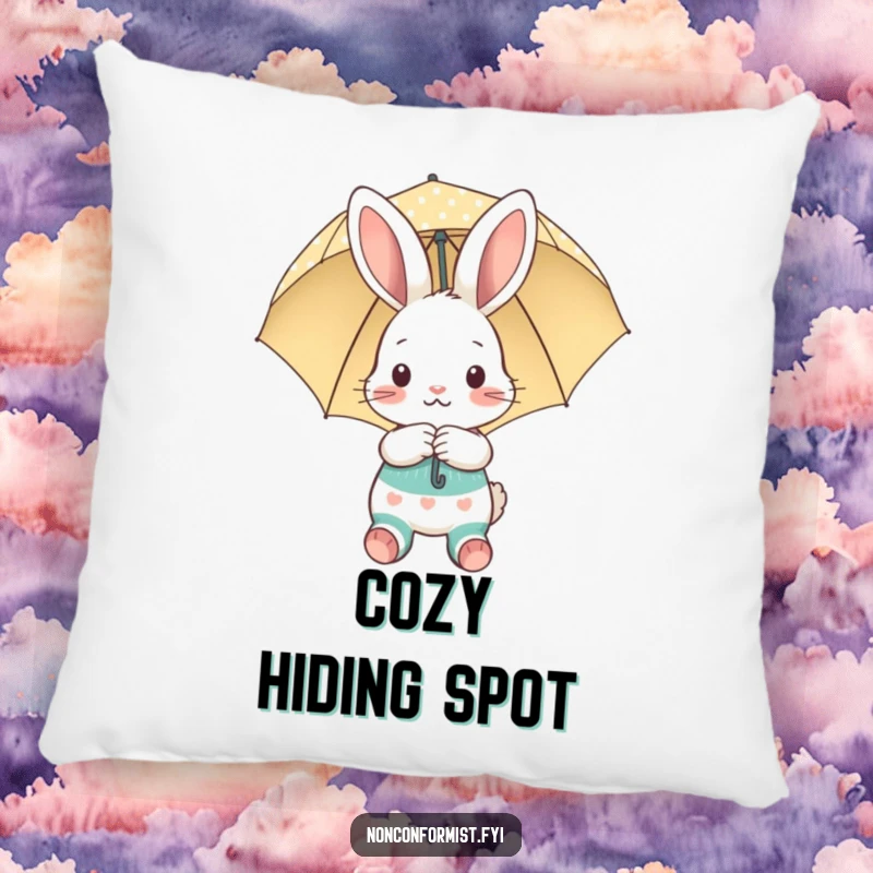 Funny pillow featuring a shy bunny in mismatched socks and an umbrella, offering comfort and a funny gift.