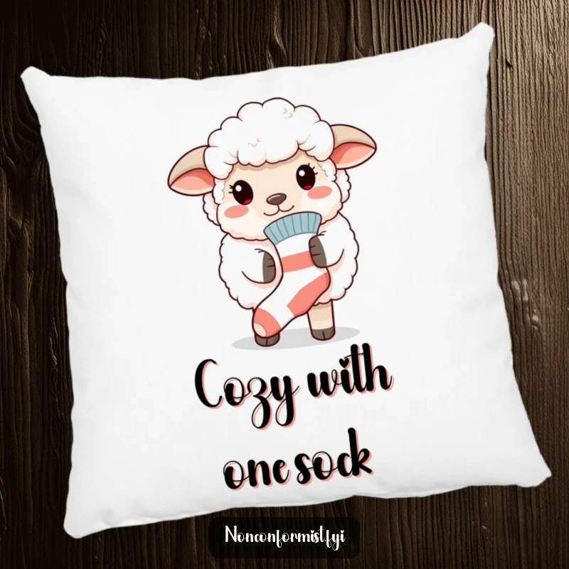 Funny pillow featuring a fluffy sheep proudly sporting a mismatched sock, perfect for adding a humorous and cozy touch to any seating area.
