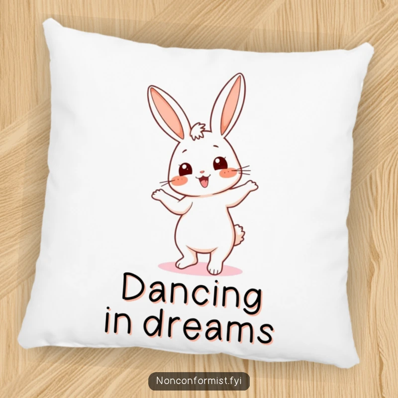 Funny pillow featuring a cute, dancing bunny with mismatched ears, perfect for adding a humorous and cozy touch to any seating area.