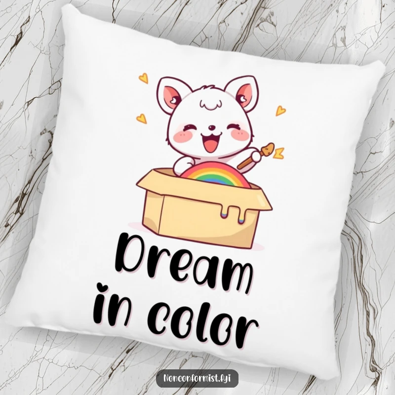 Funny pillow featuring a small animal joyfully painting a rainbow in a box, perfect for adding a humorous and cozy artistic touch.