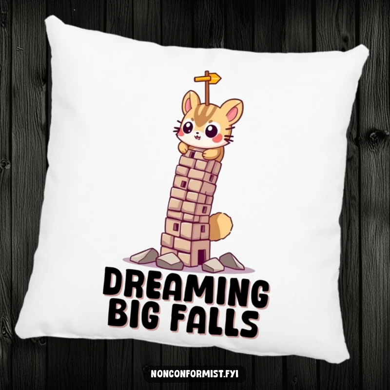 Funny pillow featuring a small rabbit character with a determined expression, working hard to build a very unstable leaning tower.