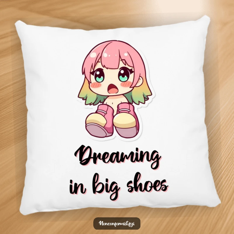Funny Pillow showing a cute character gasping with oversized, bright shoes. Comfortable and humorously designed funny gift.