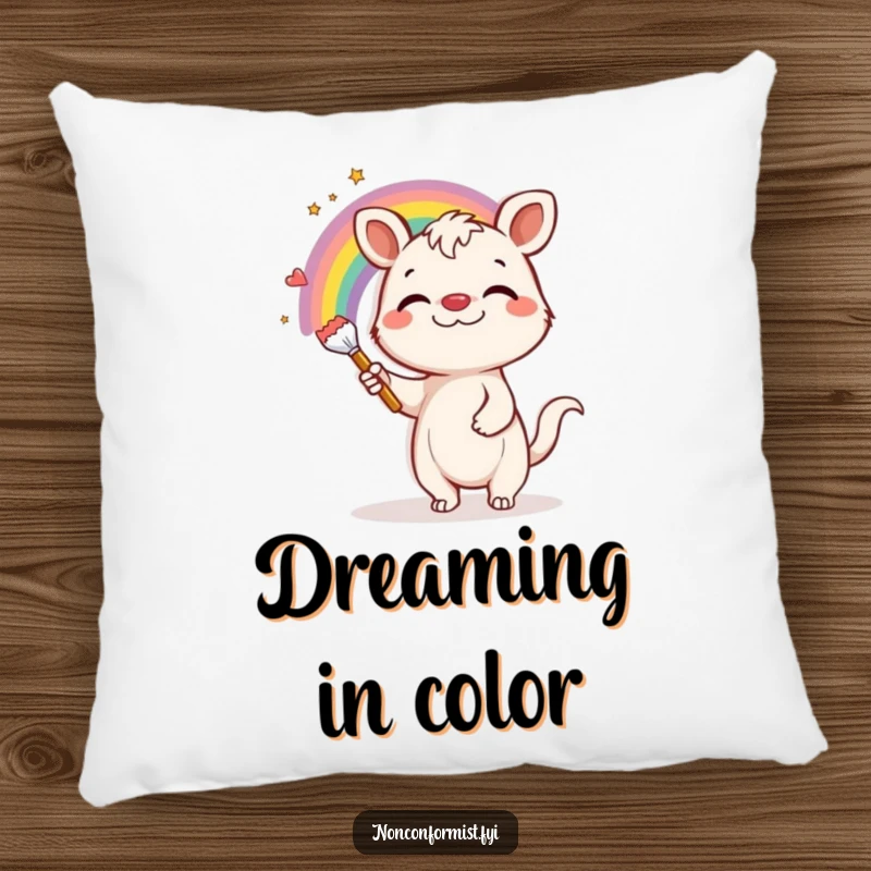 Funny Pillow: A grinning animal artistically adds a vibrant rainbow to a dull grey wall, bringing cheer.