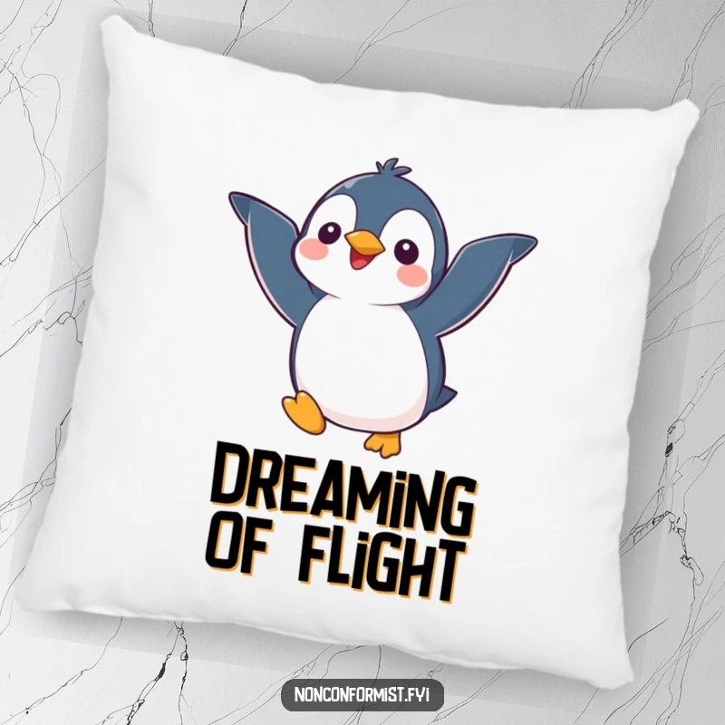 Funny kawaii penguin character humorously attempting to fly with mismatched wings, printed on a soft pillow for a touch of funny comfort.