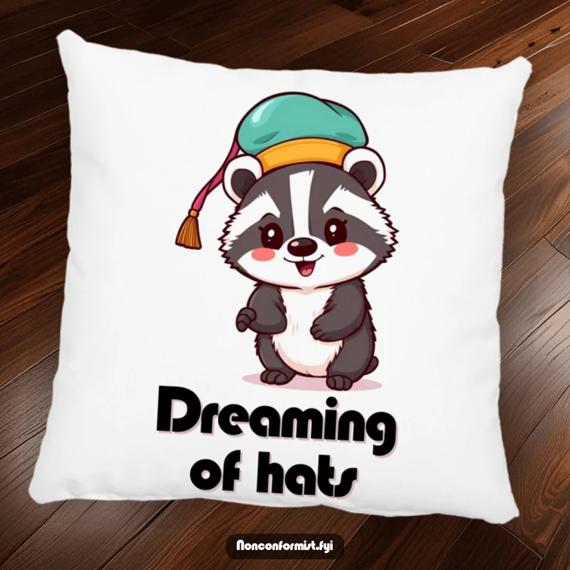Funny badger pillow featuring an enthusiastic badger wearing a wild and colorful hat.