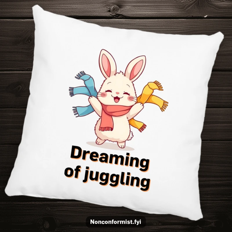 Funny pillow featuring a fluffy rabbit character joyfully juggling colorful scarves, bringing comfort and cheerful performance.