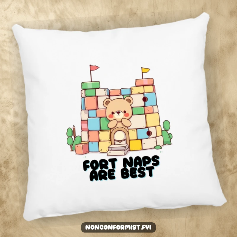 Funny Little Bear Pillow: A little bear character is shown building a fort with colorful blocks, offering humorous comfort and playful decor.