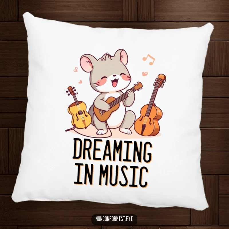 Funny pillow with a small animal character joyfully playing various musical instruments of different scales, bringing comfort and cheer.