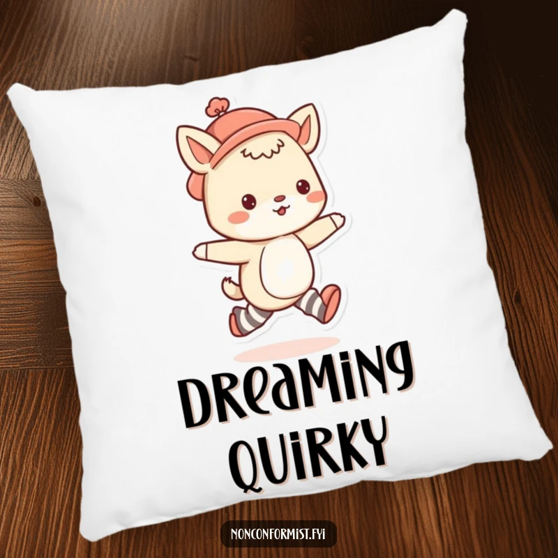 Funny animal pillow with a cute character in mismatched socks and a quirky hat, skipping happily, offering comfort.