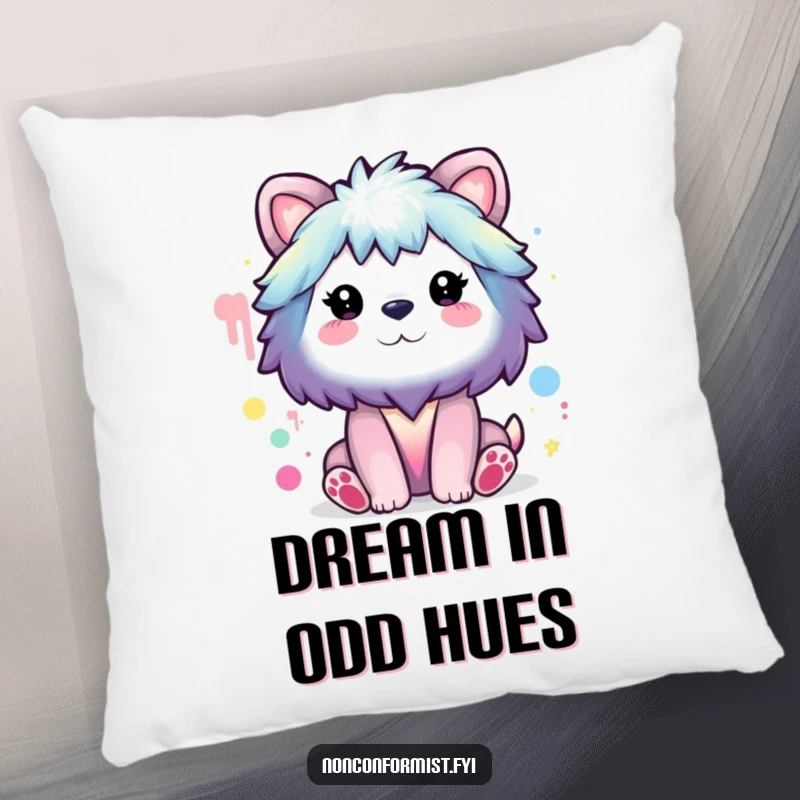 Funny Pillow: Animal character painting a rainbow with odd colors, adding humorous comfort and artistic flair.