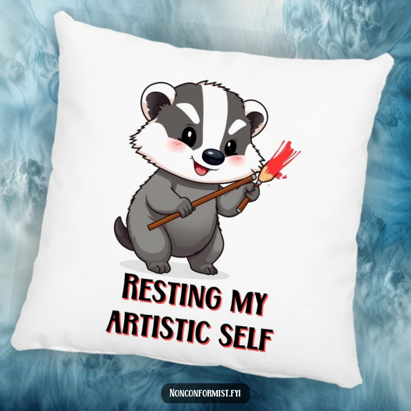 Funny Pillow featuring a happy badger painting a bright red stripe on its grey fur, perfect for a creative touch.