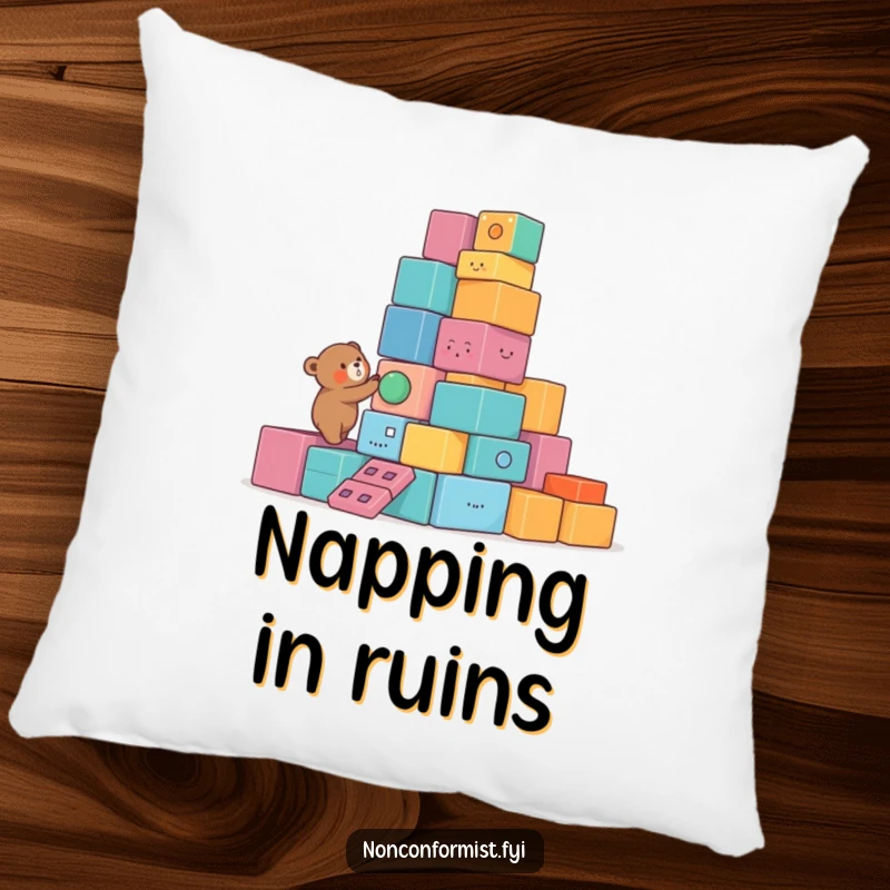 Funny Bear Pillow featuring a small bear character building a lopsided tower of colorful, unusual blocks, offering a humorous and comfortable accent.