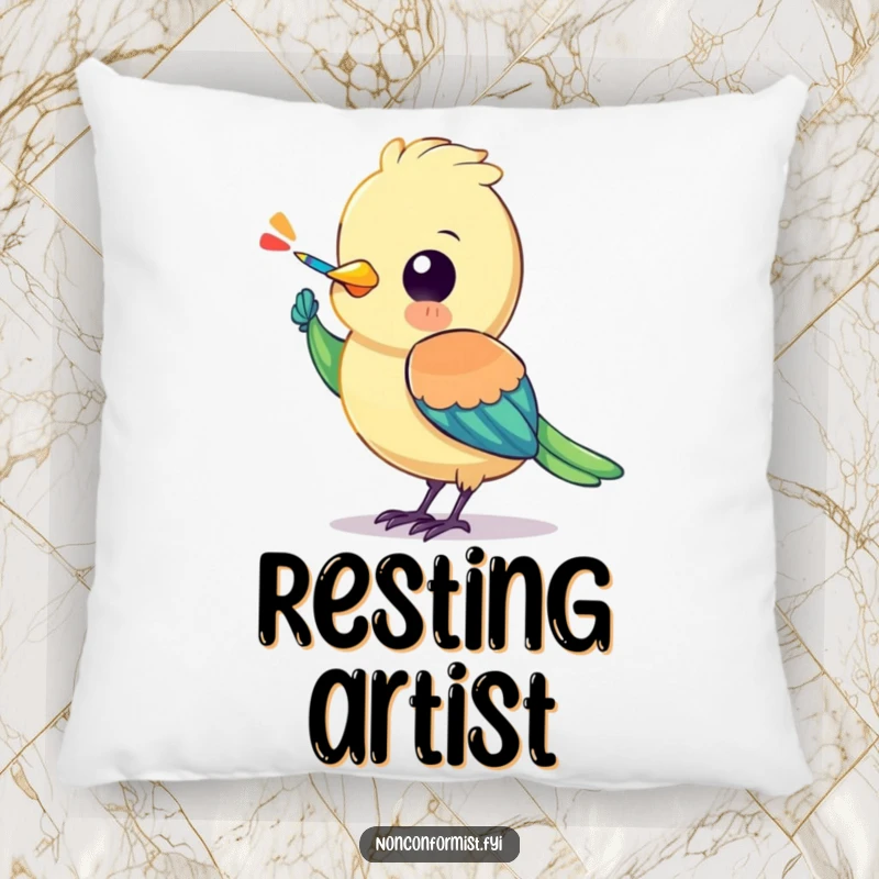 Funny bird pillow with a colorful character painting a stripe onto its own wing, offering comfort and artistic vibes.