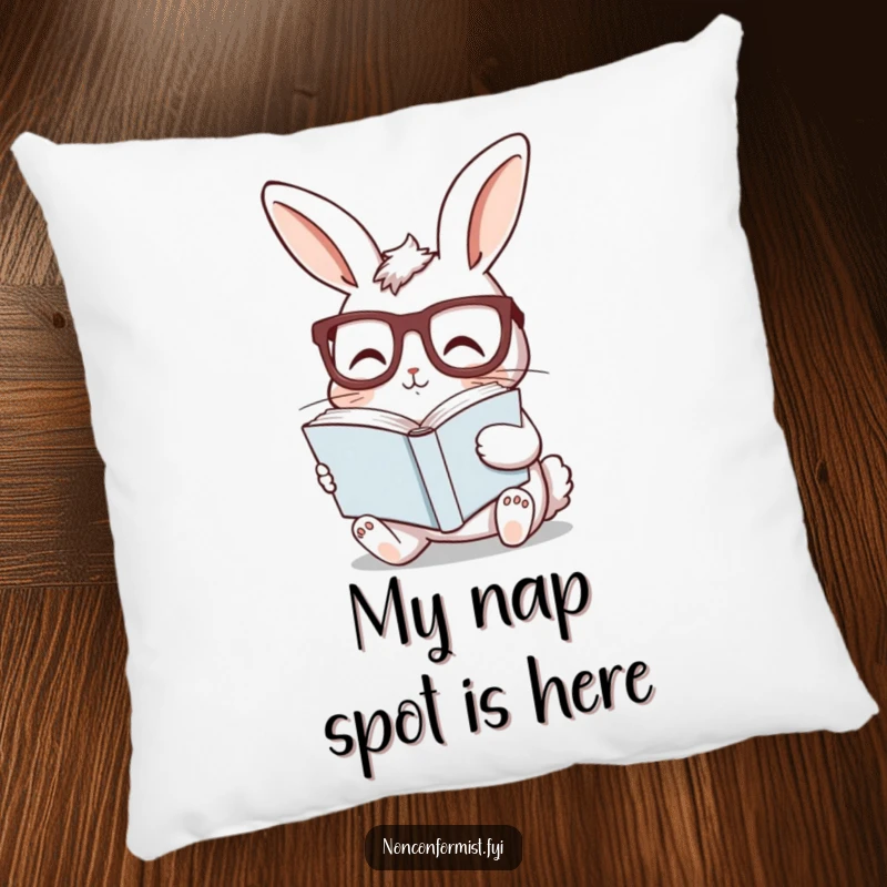 Funny bunny pillow featuring a curious rabbit with glasses, reading a sideways book, providing soft, intellectual comfort.