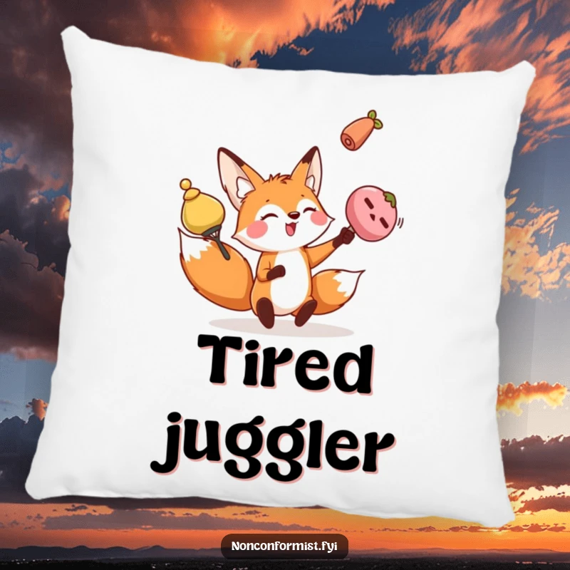 Funny fox pillow with a playful character juggling odd objects, offering comfort and a touch of skillful humor.