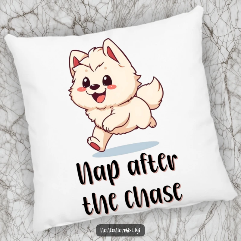 Funny Pillow: A fluffy dog character in a full, happy spin chasing its tail, designed for maximum humorous comfort and style.