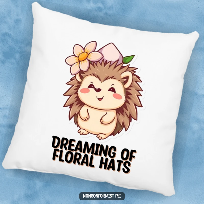 Funny hedgehog pillow featuring a smiling animal wearing an upside-down flower hat, providing soft, humorous comfort.