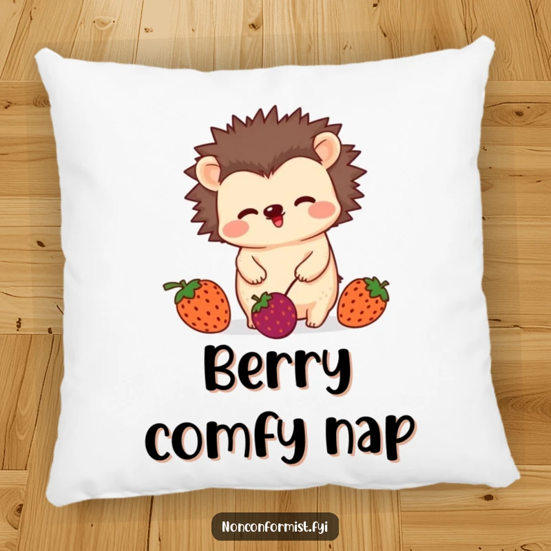 Funny pillow with an unconventional hedgehog character wiggling playfully while juggling three mismatched berries, soft and humorous home decor.