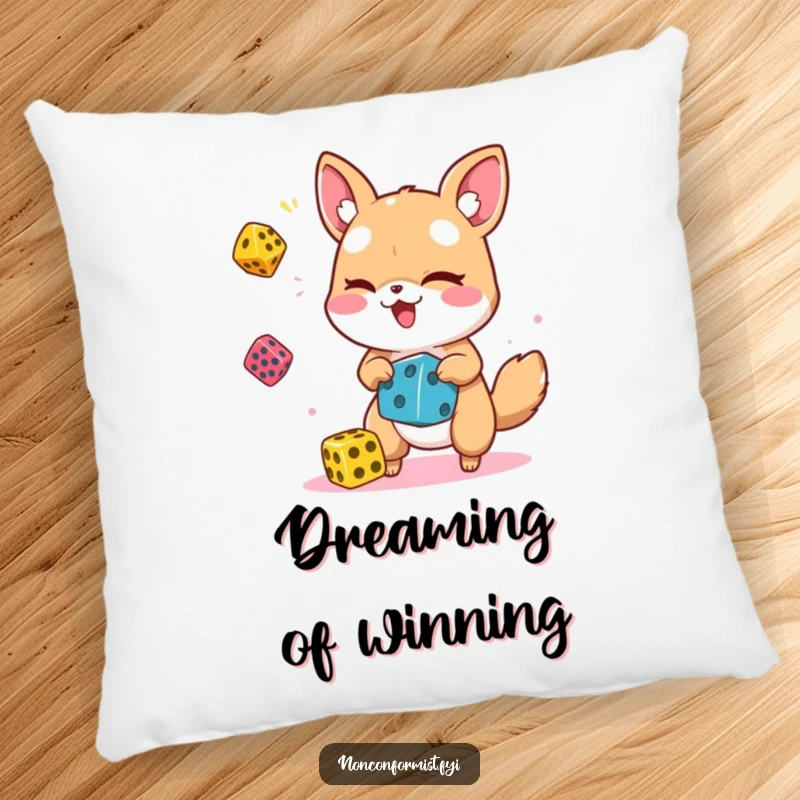 Soft, funny decorative pillow featuring an animal character winking and juggling dice, perfect for cozying up.