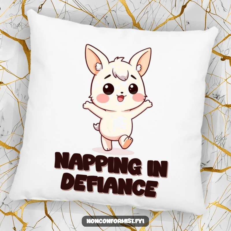 Funny Pillow: Character with mismatched ears, marching happily in the wrong direction, adding humorous comfort.
