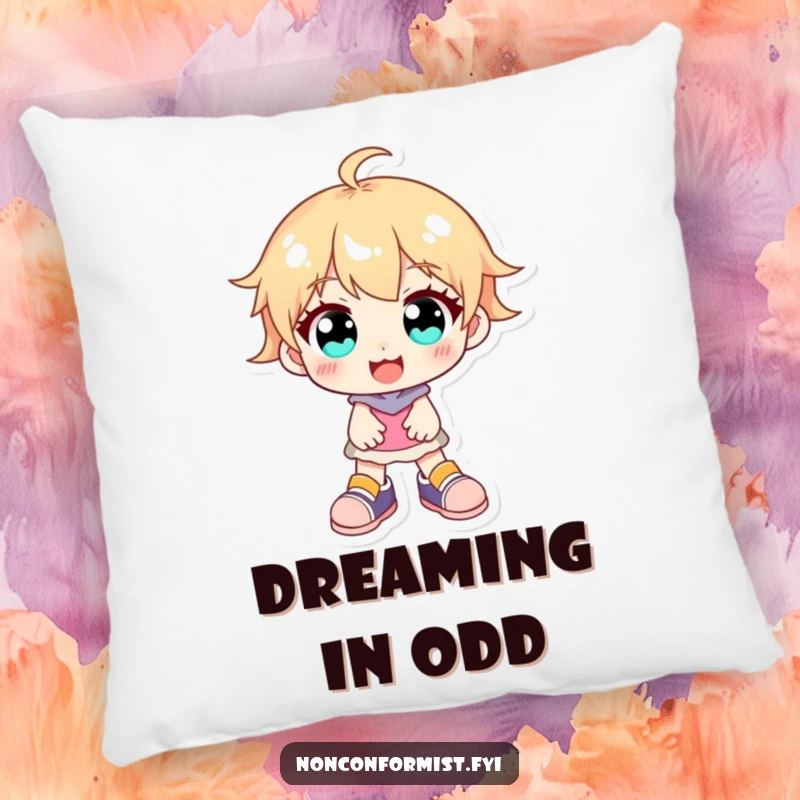 Funny character pillow with bright, expressive eyes, mismatched shoes, and a joyful smile, offering comfort and cheer.