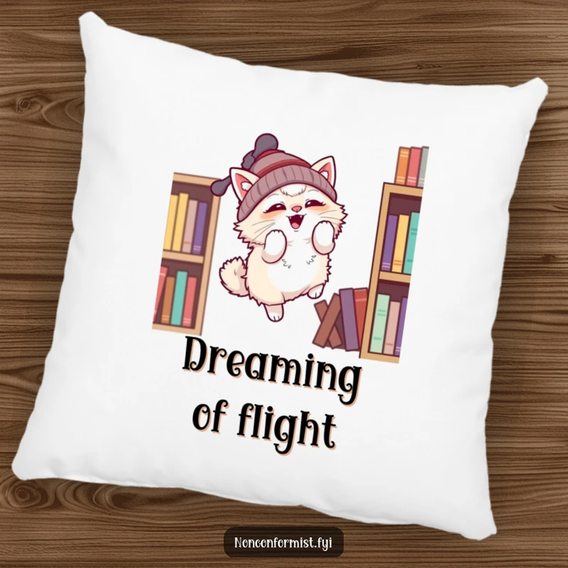 Funny pillow featuring a fluffy cat in a propeller beanie attempting flight, offering comfort and a funny gift.