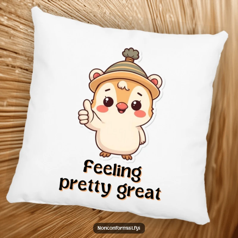 Funny pillow with a small creature wearing an amusing hat and giving a positive thumbs-up gesture, perfect for comfort.