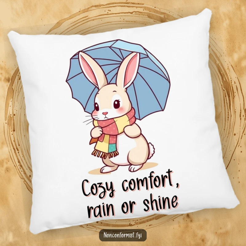 Funny Rabbit Pillow: A plush pillow featuring a rabbit with a patchwork scarf and umbrella, bringing cozy humor to any seating area.