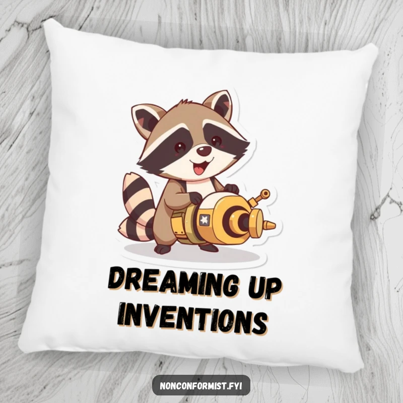 Funny raccoon character on a pillow, surrounded by parts of a unique contraption, looking happy and engrossed in building.