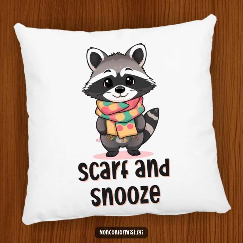 Funny pillow with a standout raccoon character tilting curiously, wearing a brightly patterned handmade scarf, soft and humorous home decor.