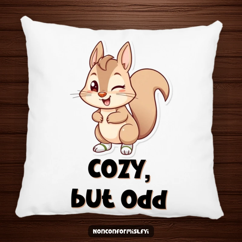 A soft, decorative pillow featuring a funny mischievous squirrel winking and wearing mismatched socks.