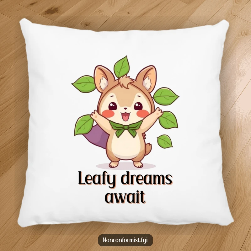 Funny pillow with a small animal character wearing an exciting cape made of leaves, perfect for adding a natural touch.
