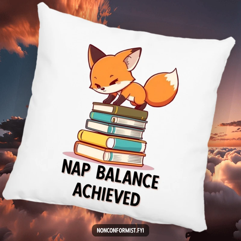 Funny pillow featuring a determined fox character balancing carefully on a tall, uneven stack of books.