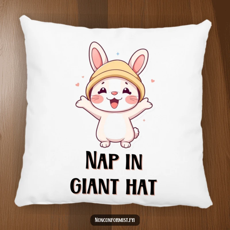 Funny pillow featuring a cute rabbit character with a huge grin, wearing a comically oversized bear hat.