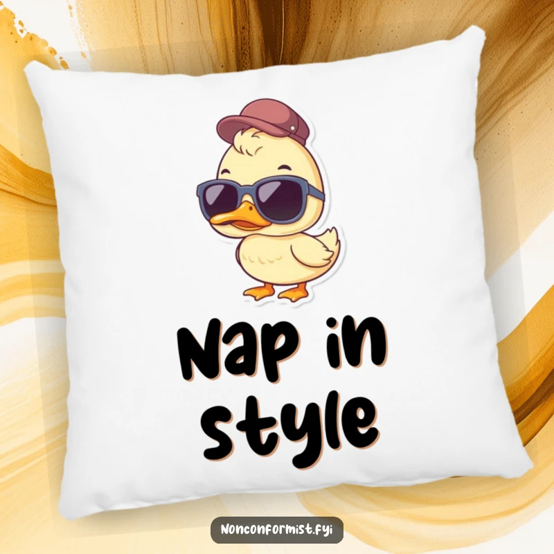 Funny Duck Pillow: A cool duck wearing oversized sunglasses and a jaunty cap, bringing humor and comfort to any room.