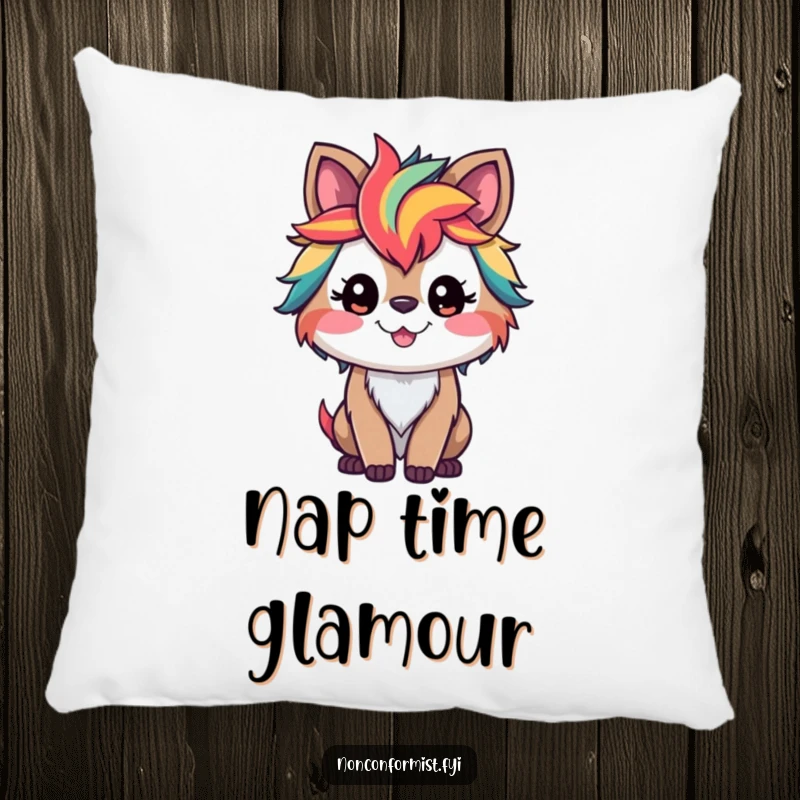 Funny pillow featuring a smiling bear with wild, vibrant streaks of rainbow color in its fur, offering a soft and cheerful accent.