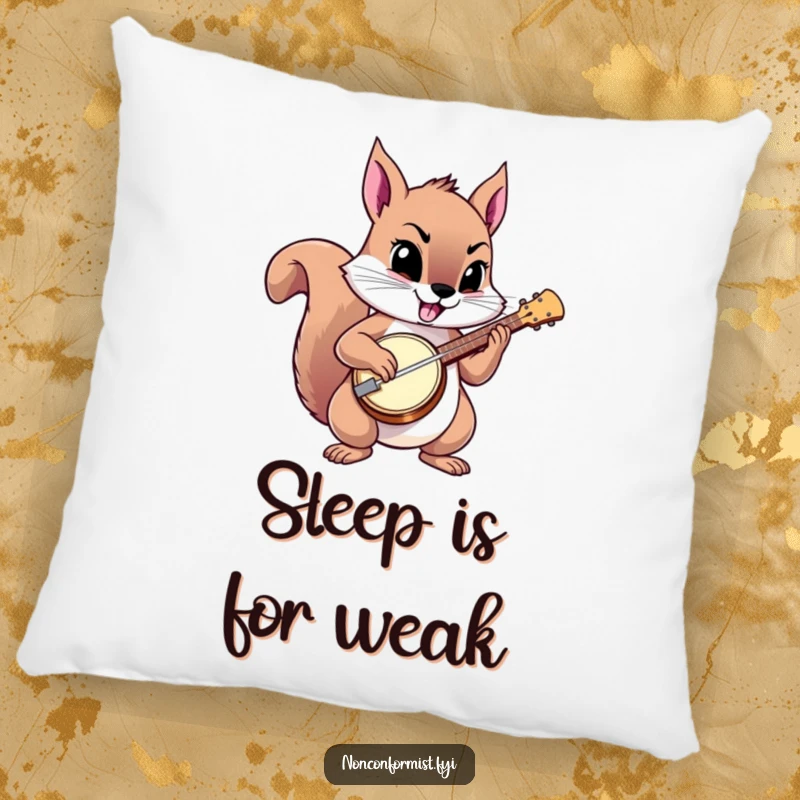 Funny squirrel pillow featuring a squirrel playing a banjo defiantly, a cozy statement piece.